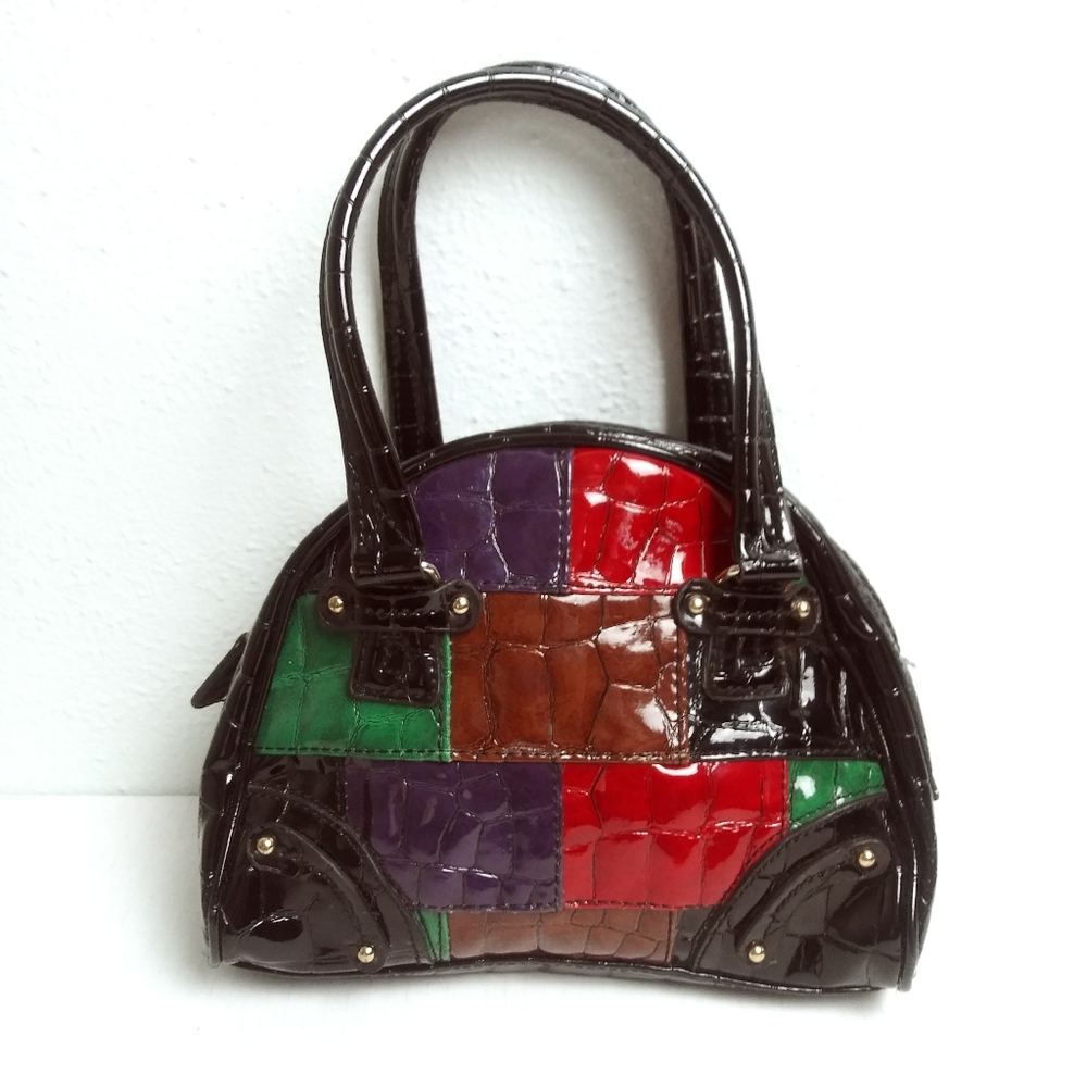 Liz Claiborne Vintage Y2k Embossed Patent Mini Shaped Satchel Patchwork